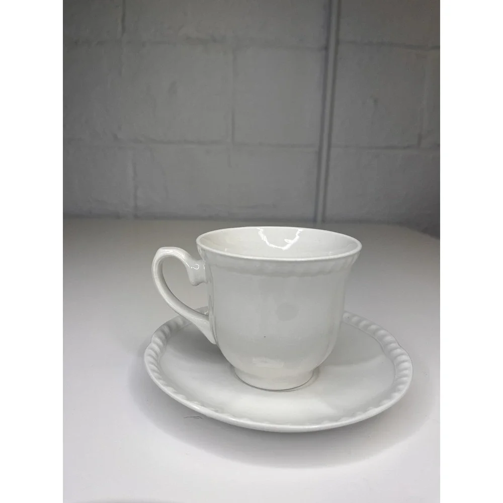 Johnson Brothers Old English White Scalloped Edge Tea Cup‎ & Saucer NEW Flat Cup